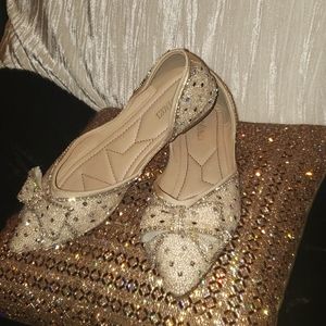 Jeweled and beaded flat bow tie shoes, with cushion in-steps.